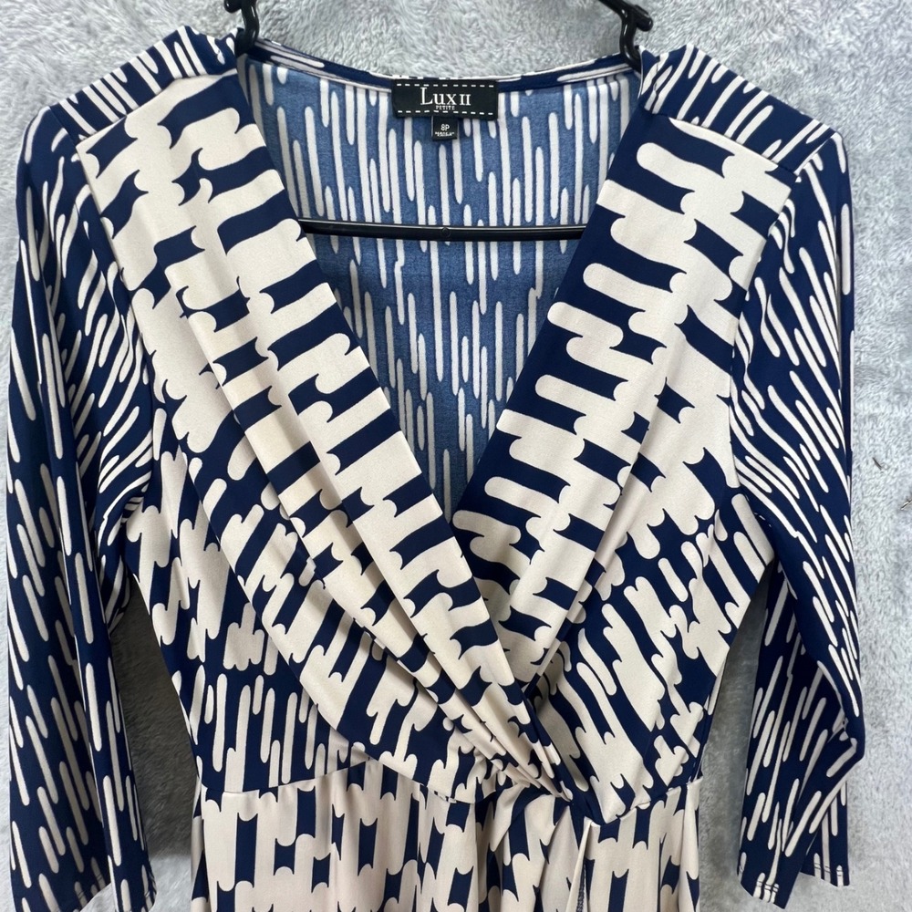 Lux II Retro Navy Blue Cream Faux Wrap Dress 8P Mod Mid Century Modern